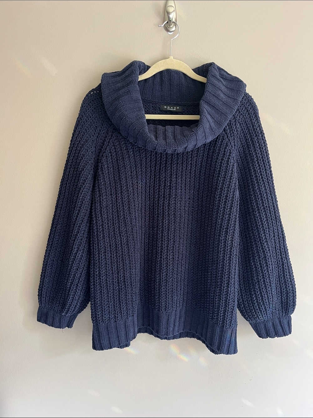 Grace The Perfect Fit Navy Chunky Knit Cowl Neck Sweater Size XL